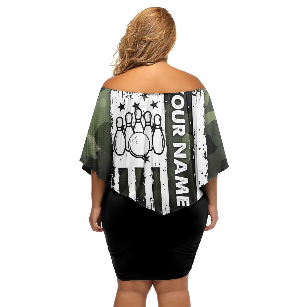 Camouflage Bowling Off Shoulder Short Dress with Grunge American Flag and Pin Emblem in Military Green - Wonder Print Shop