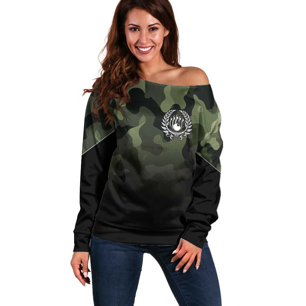 Camouflage Bowling Off Shoulder Sweater with Grunge American Flag and Pin Emblem in Military Green - Wonder Print Shop