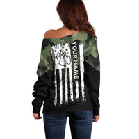 Camouflage Bowling Off Shoulder Sweater with Grunge American Flag and Pin Emblem in Military Green - Wonder Print Shop