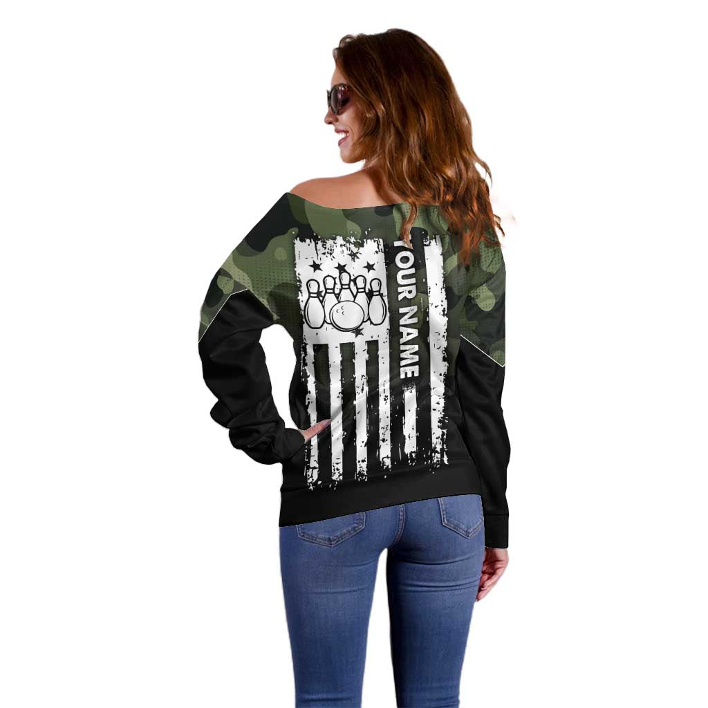 Camouflage Bowling Off Shoulder Sweater with Grunge American Flag and Pin Emblem in Military Green - Wonder Print Shop
