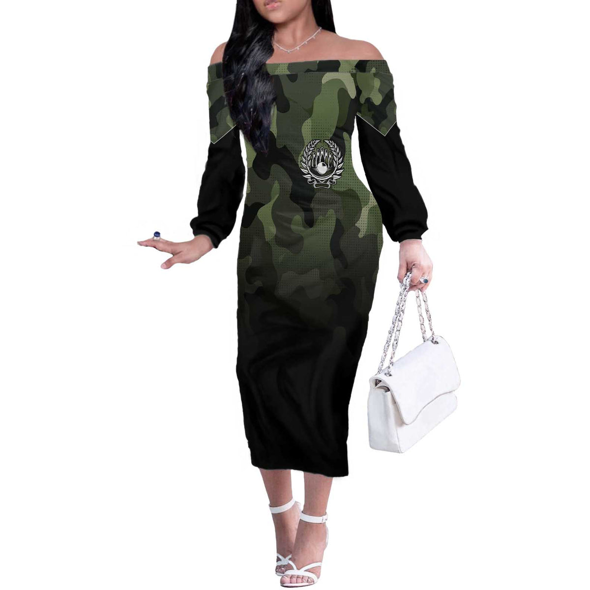Camouflage Bowling Off The Shoulder Long Sleeve Dress with Grunge American Flag and Pin Emblem in Military Green - Wonder Print Shop