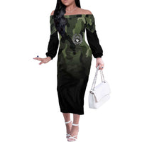 Camouflage Bowling Off The Shoulder Long Sleeve Dress with Grunge American Flag and Pin Emblem in Military Green - Wonder Print Shop