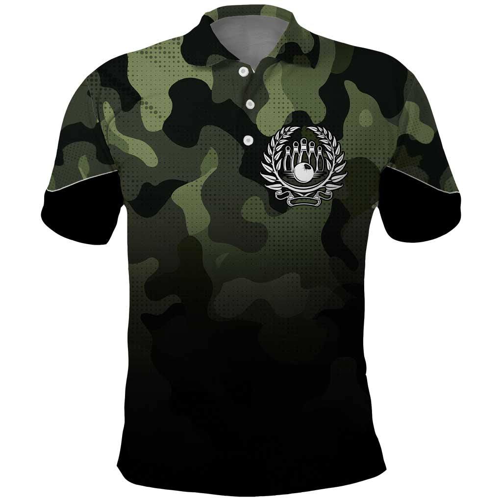 Camouflage Bowling Polo Shirt with Grunge American Flag and Pin Emblem in Military Green - Wonder Print Shop