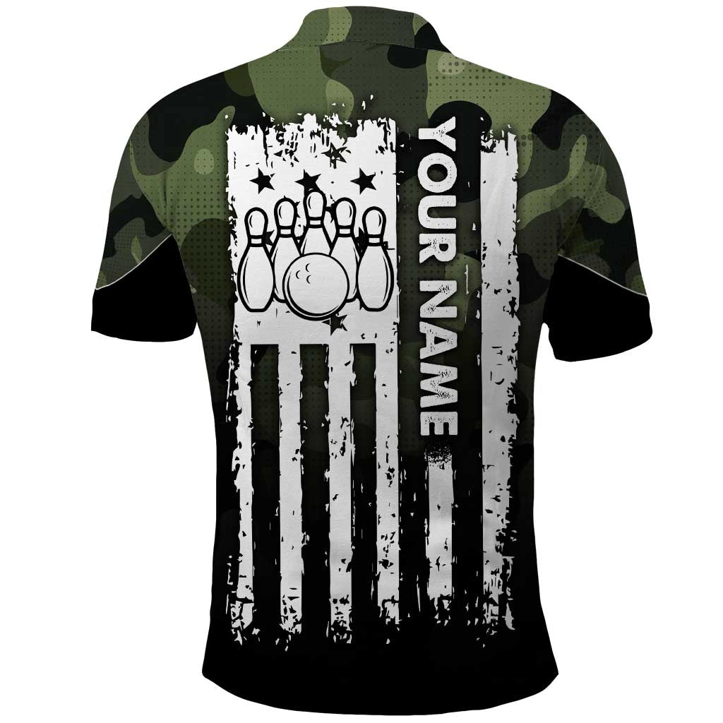Camouflage Bowling Polo Shirt with Grunge American Flag and Pin Emblem in Military Green - Wonder Print Shop
