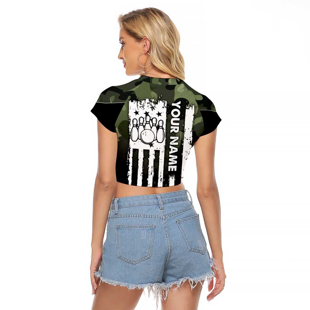 Camouflage Bowling Raglan Cropped T Shirt with Grunge American Flag and Pin Emblem in Military Green - Wonder Print Shop