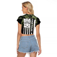 Camouflage Bowling Raglan Cropped T Shirt with Grunge American Flag and Pin Emblem in Military Green - Wonder Print Shop