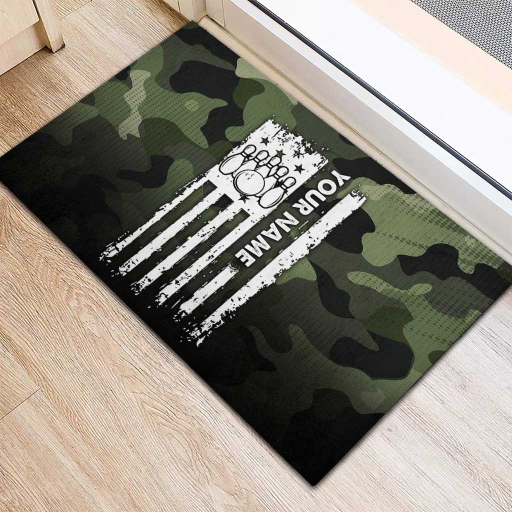 Camouflage Bowling Rubber Doormat with Grunge American Flag and Pin Emblem in Military Green - Wonder Print Shop