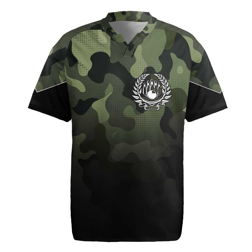 Camouflage Bowling Rugby Jersey with Grunge American Flag and Pin Emblem in Military Green - Wonder Print Shop