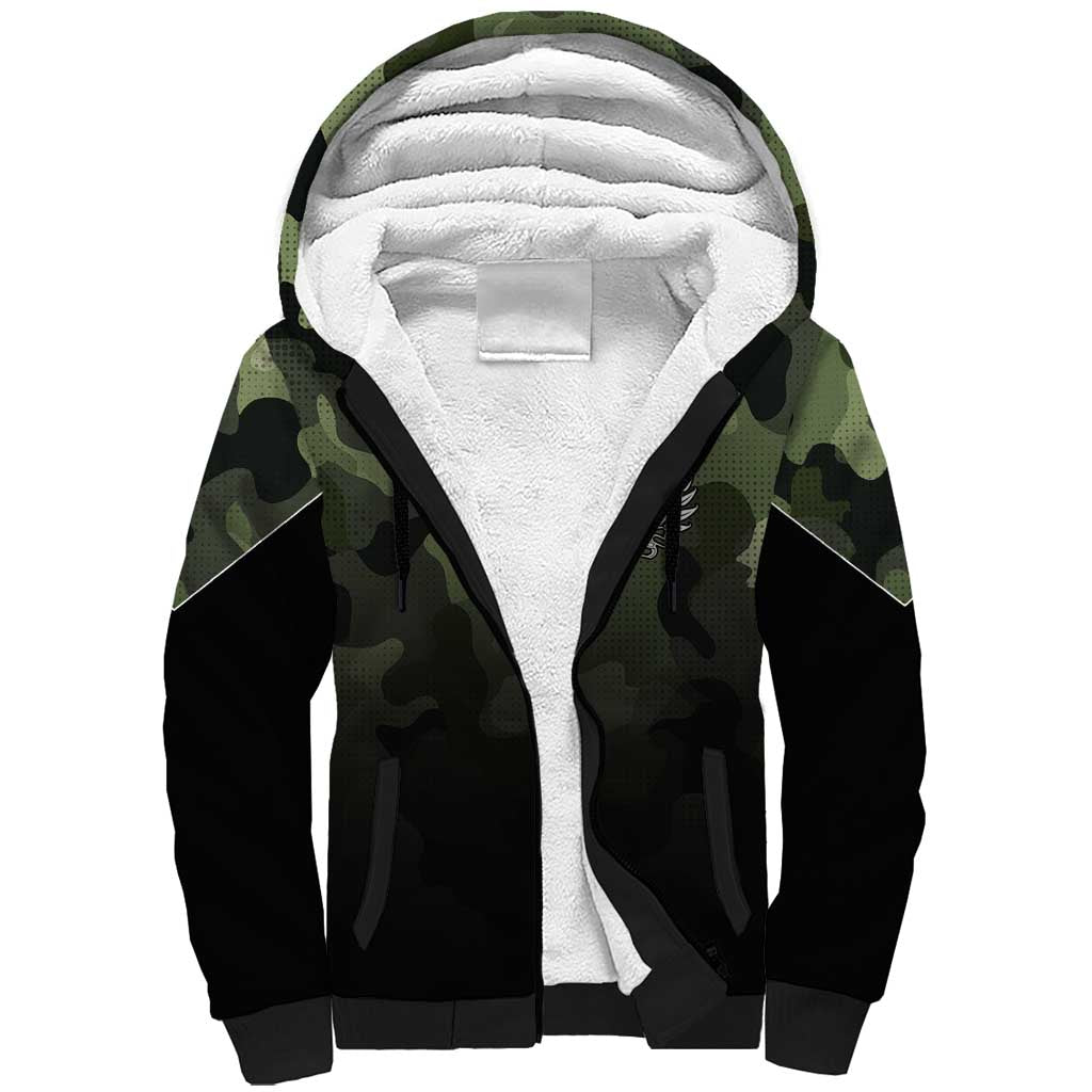 Camouflage Bowling Sherpa Hoodie with Grunge American Flag and Pin Emblem in Military Green - Wonder Print Shop