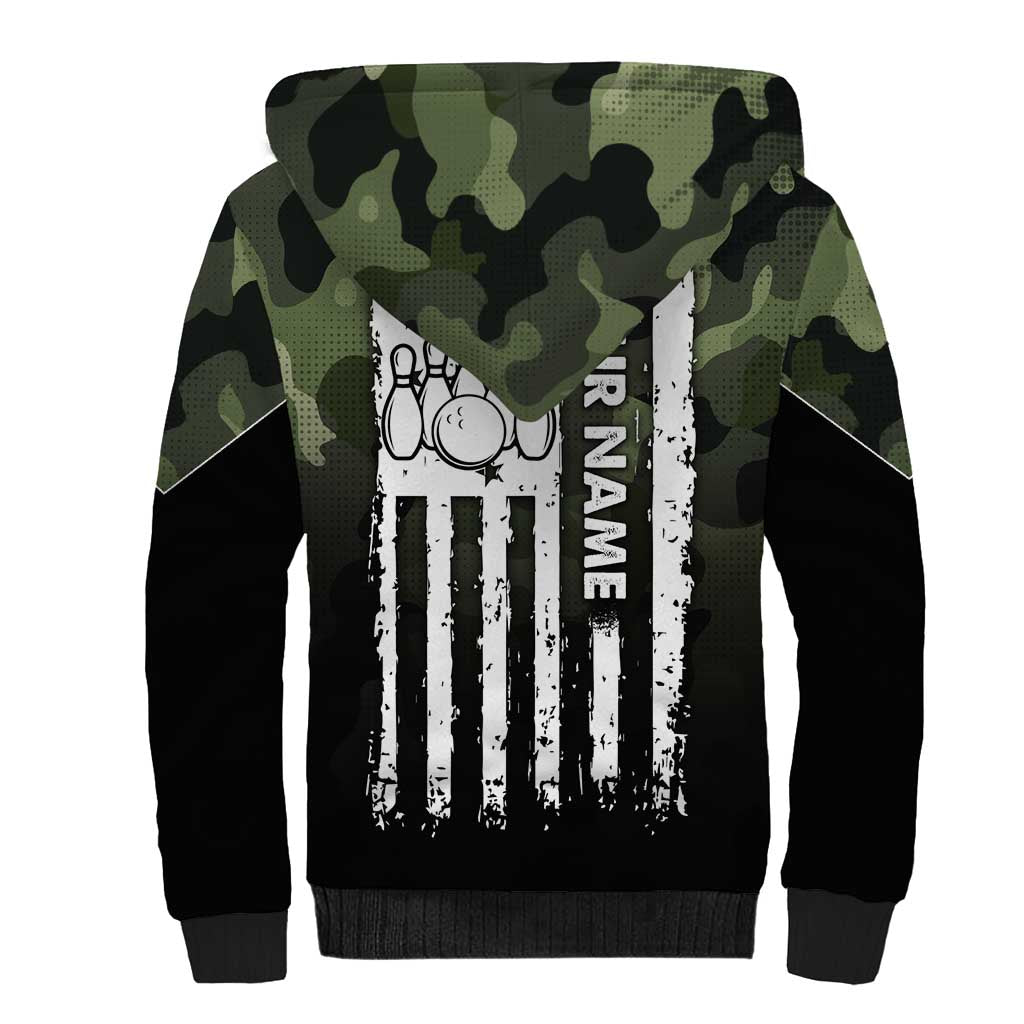 Camouflage Bowling Sherpa Hoodie with Grunge American Flag and Pin Emblem in Military Green - Wonder Print Shop