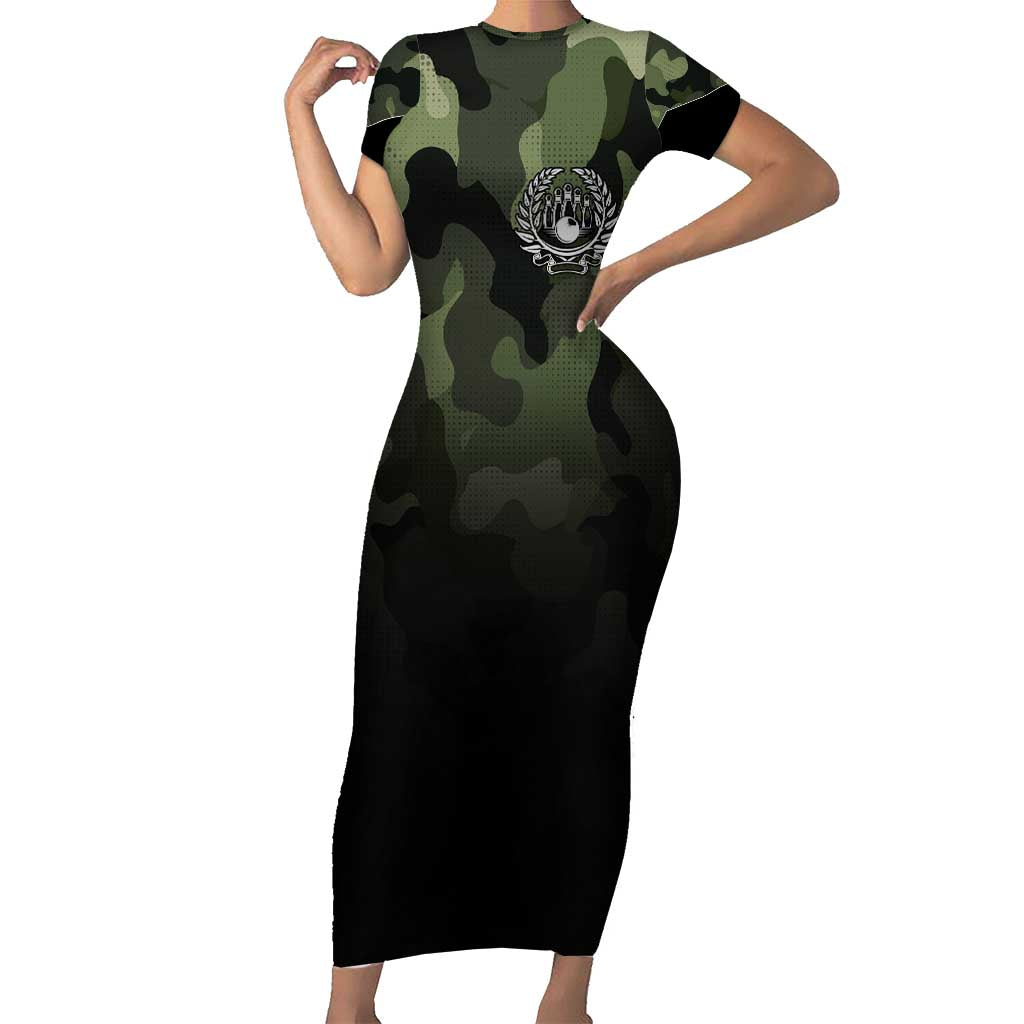 Camouflage Bowling Short Sleeve Bodycon Dress with Grunge American Flag and Pin Emblem in Military Green - Wonder Print Shop