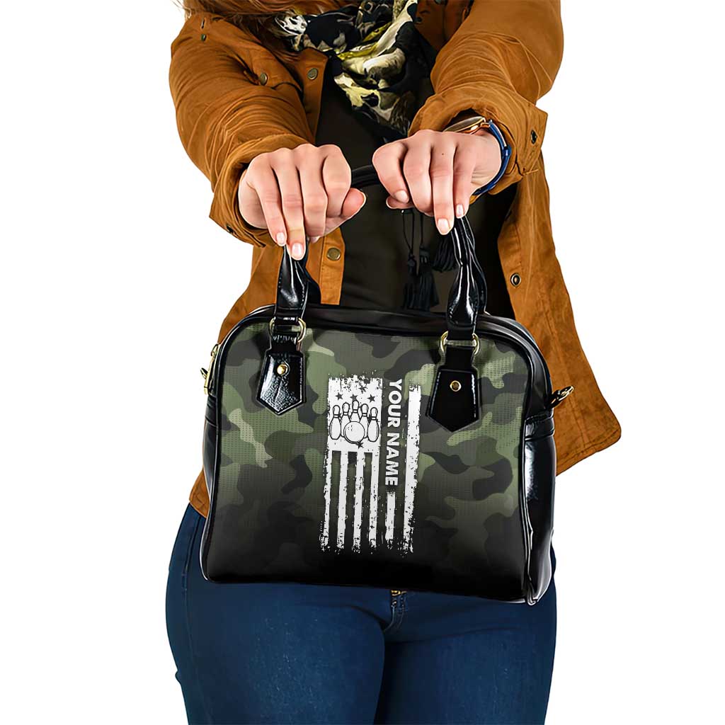 Camouflage Bowling Shoulder Handbag with Grunge American Flag and Pin Emblem in Military Green - Wonder Print Shop