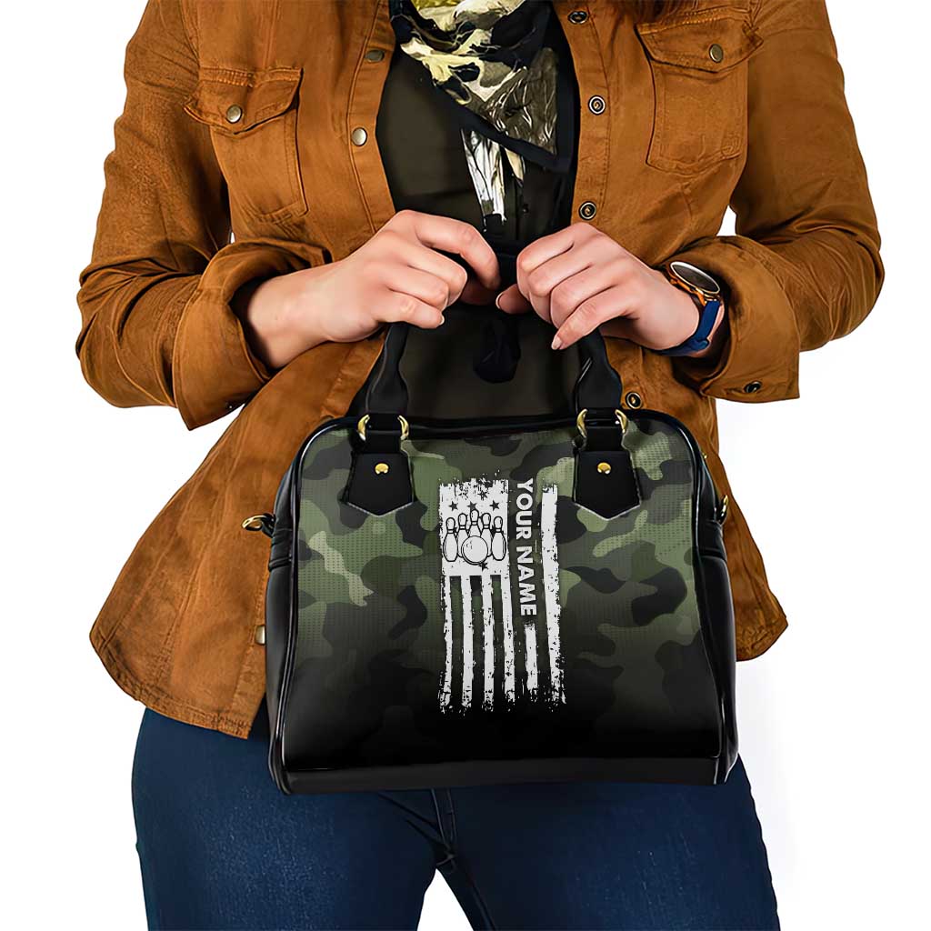 Camouflage Bowling Shoulder Handbag with Grunge American Flag and Pin Emblem in Military Green - Wonder Print Shop