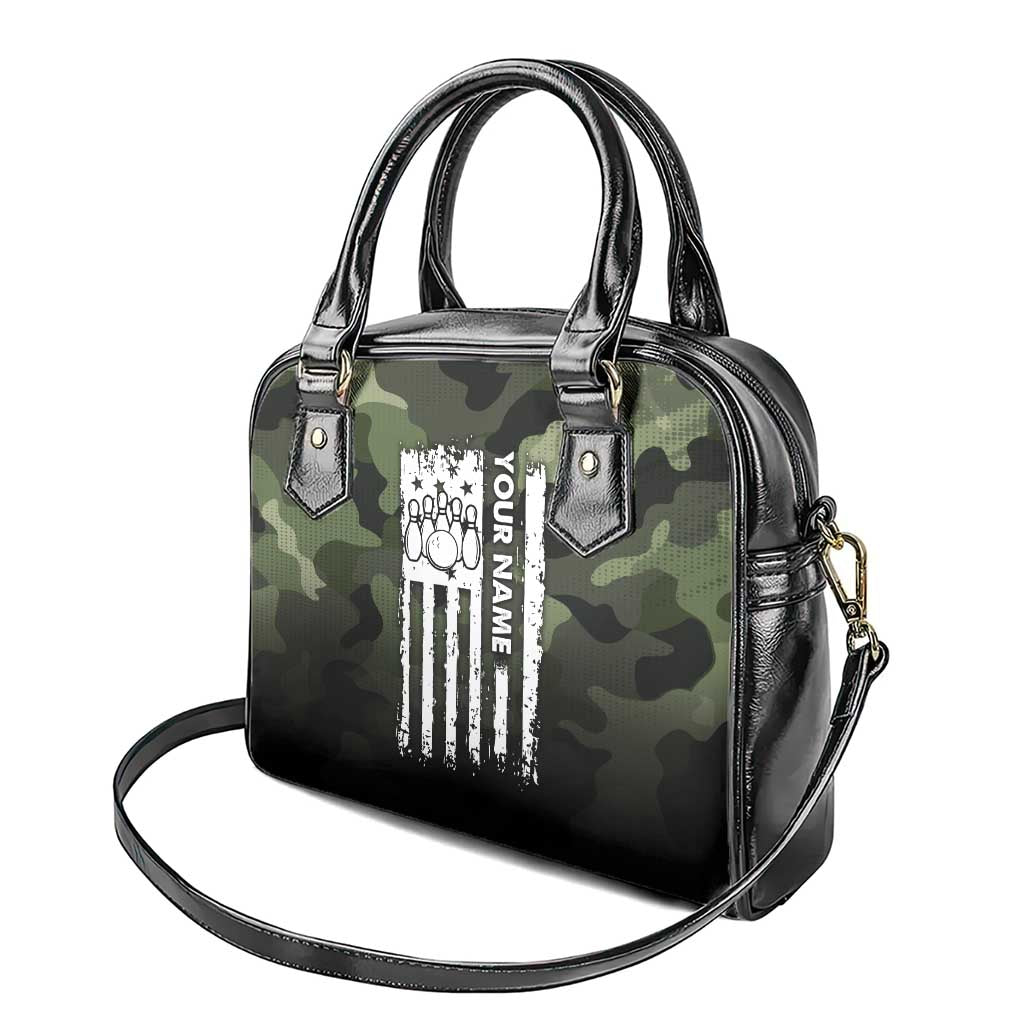 Camouflage Bowling Shoulder Handbag with Grunge American Flag and Pin Emblem in Military Green - Wonder Print Shop
