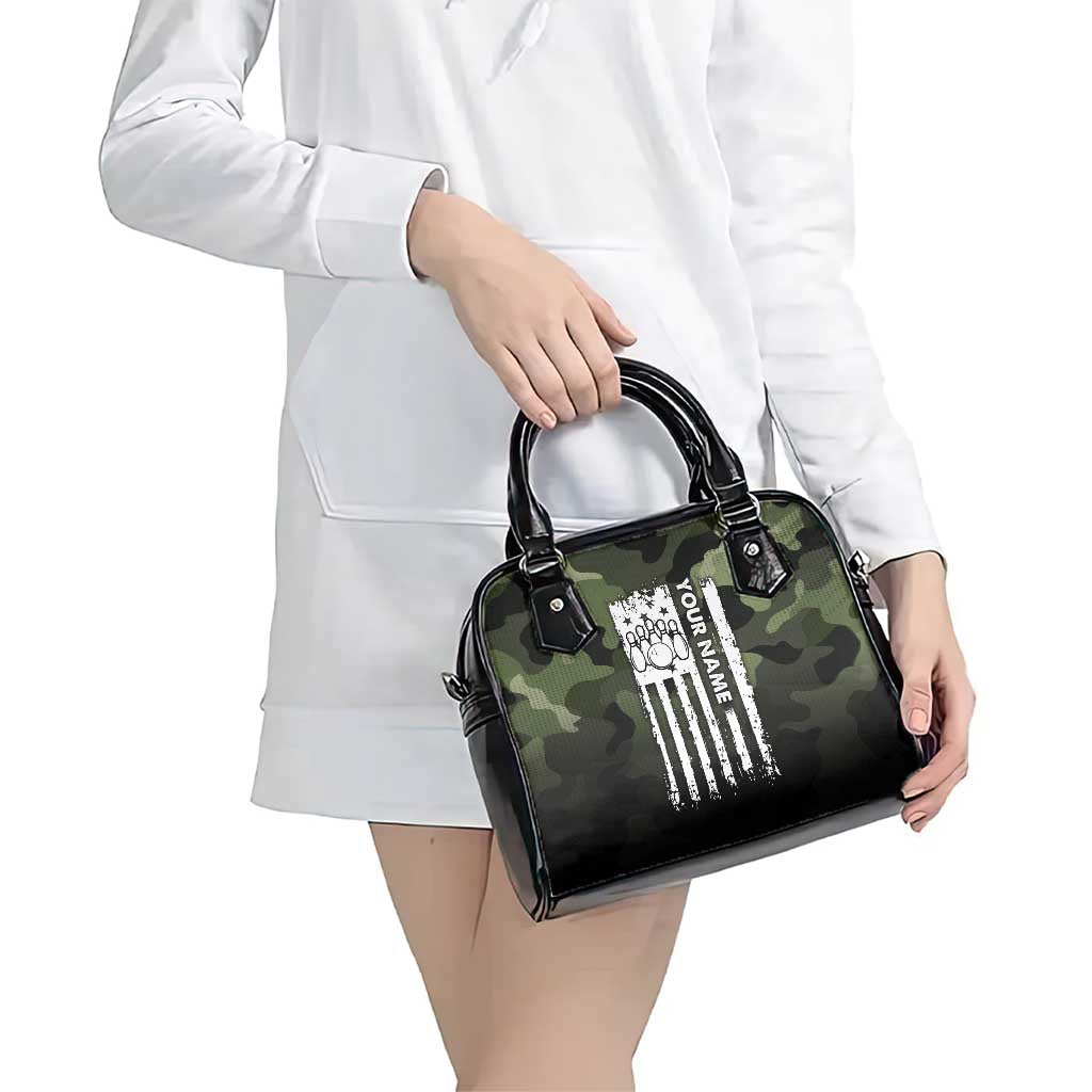 Camouflage Bowling Shoulder Handbag with Grunge American Flag and Pin Emblem in Military Green - Wonder Print Shop
