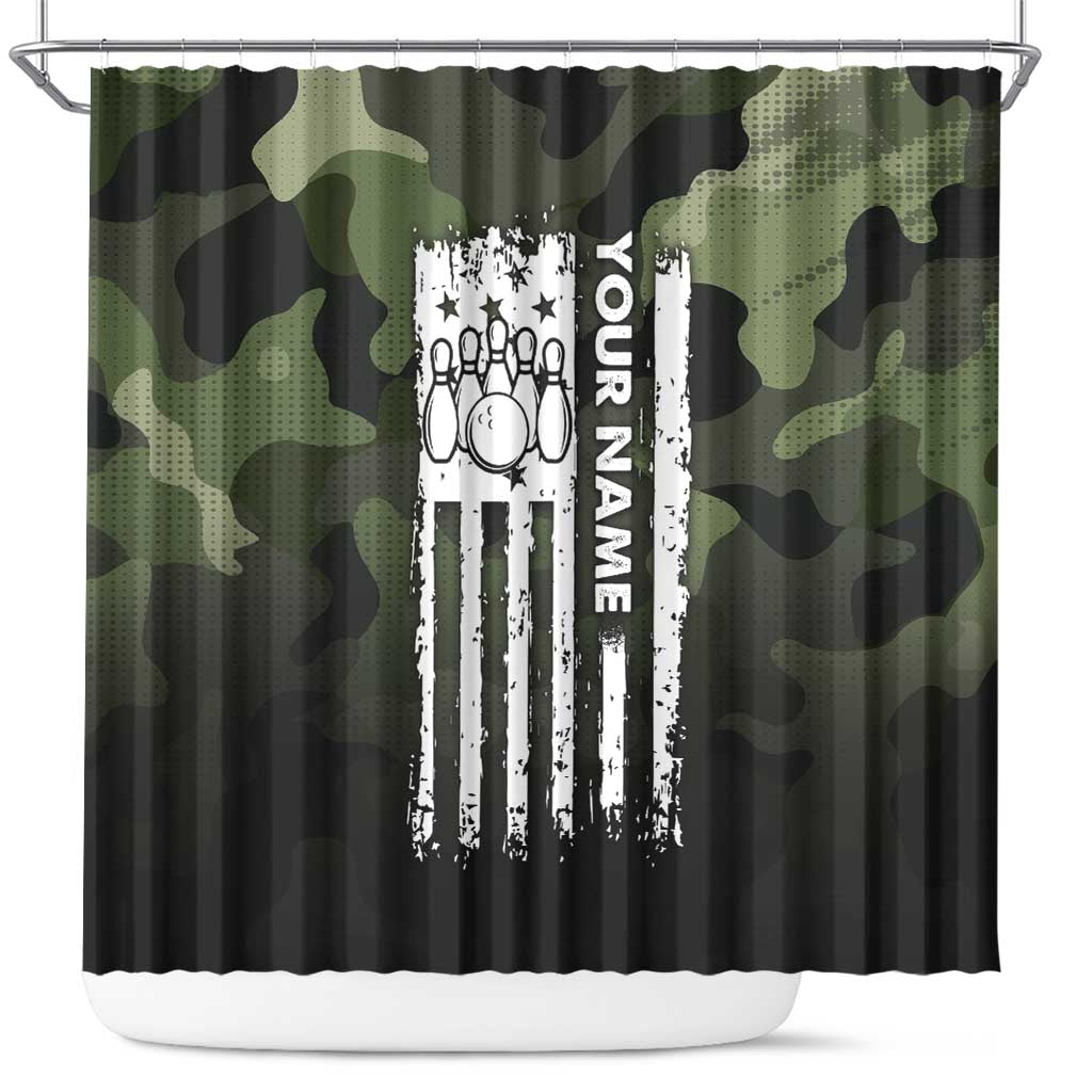 Camouflage Bowling Shower Curtain with Grunge American Flag and Pin Emblem in Military Green - Wonder Print Shop