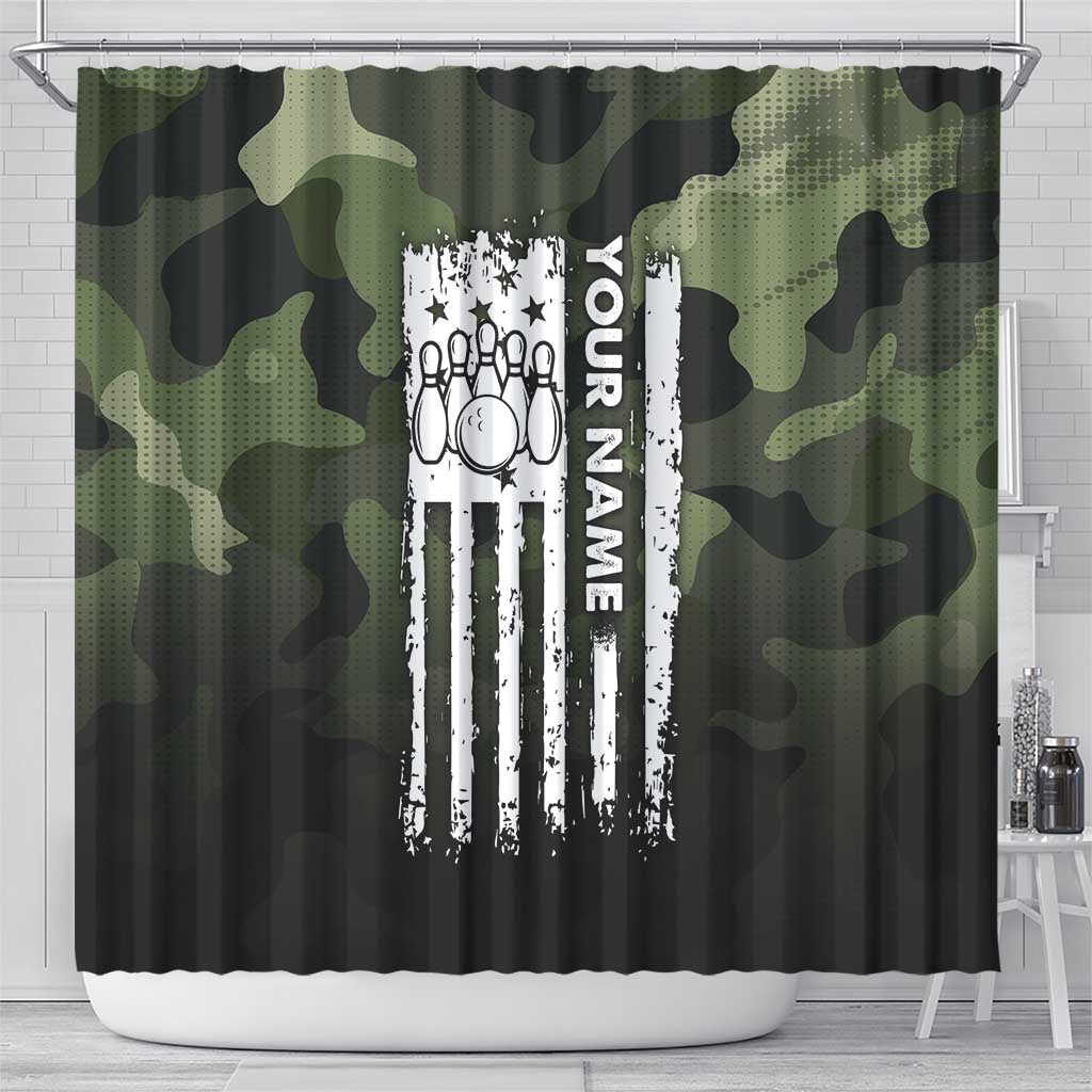 Camouflage Bowling Shower Curtain with Grunge American Flag and Pin Emblem in Military Green - Wonder Print Shop