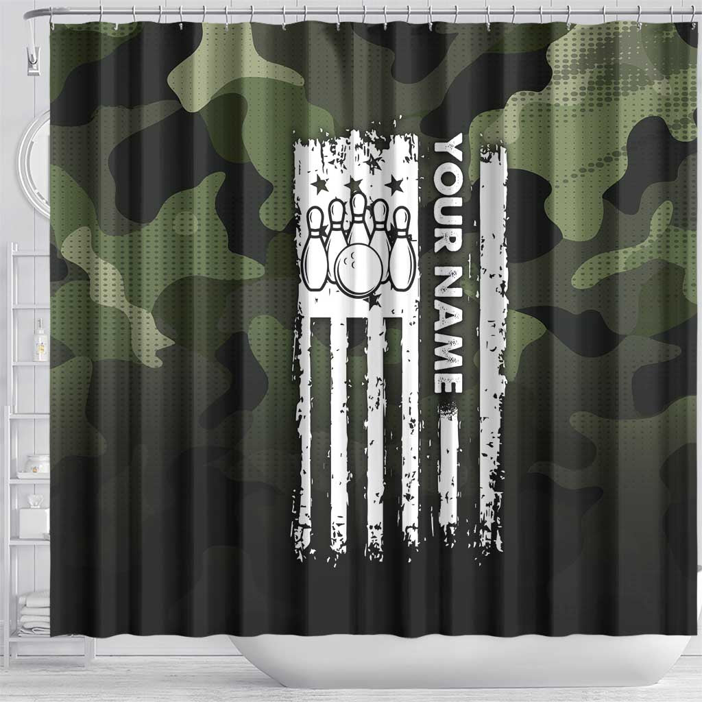 Camouflage Bowling Shower Curtain with Grunge American Flag and Pin Emblem in Military Green - Wonder Print Shop