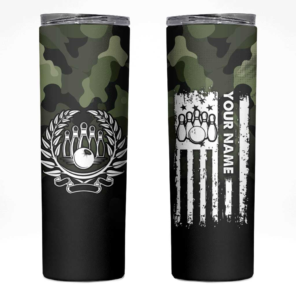 Camouflage Bowling Skinny Tumbler with Grunge American Flag and Pin Emblem in Military Green - Wonder Print Shop
