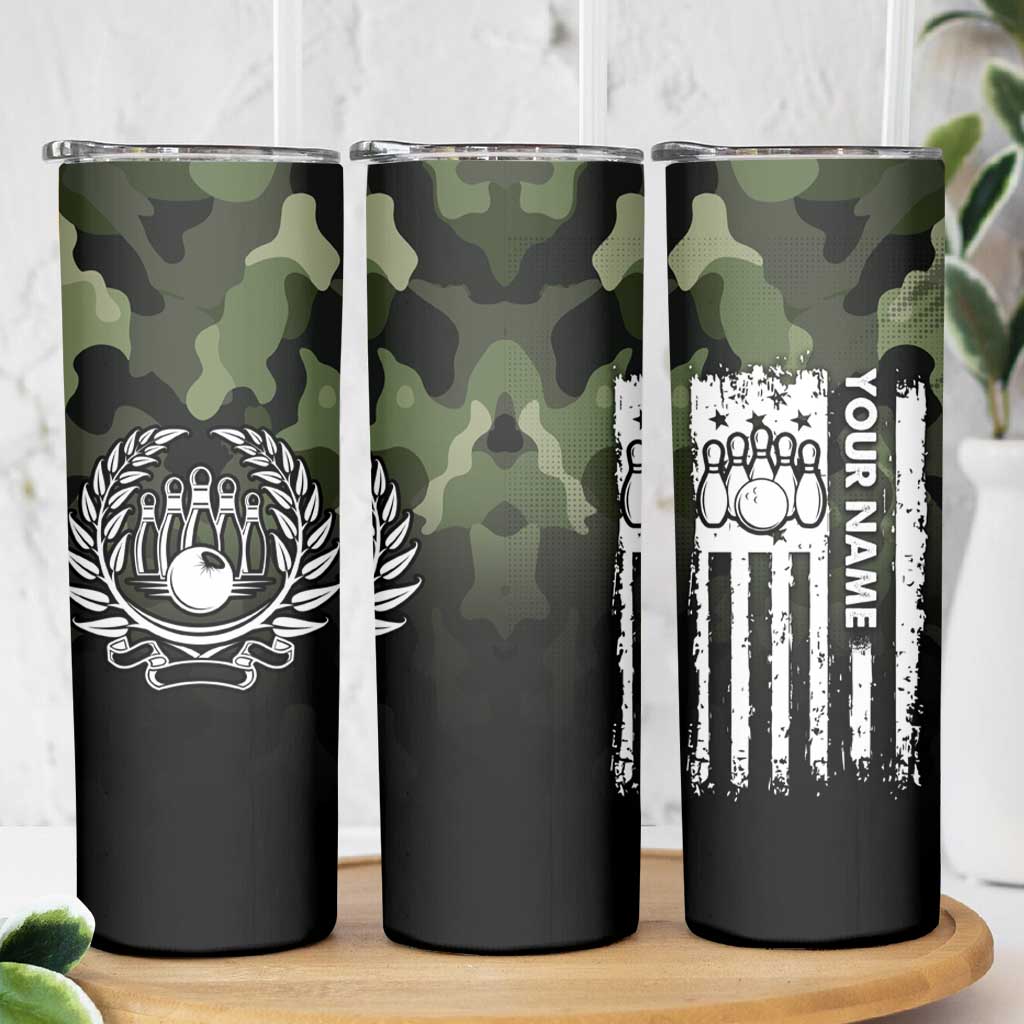 Camouflage Bowling Skinny Tumbler with Grunge American Flag and Pin Emblem in Military Green - Wonder Print Shop
