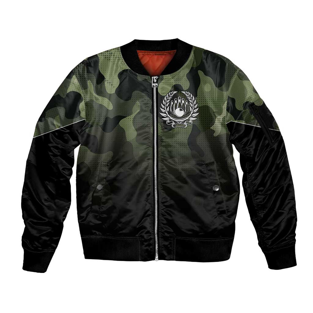 Camouflage Bowling Sleeve Zip Bomber Jacket with Grunge American Flag and Pin Emblem in Military Green - Wonder Print Shop