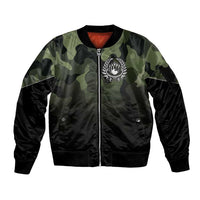 Camouflage Bowling Sleeve Zip Bomber Jacket with Grunge American Flag and Pin Emblem in Military Green - Wonder Print Shop
