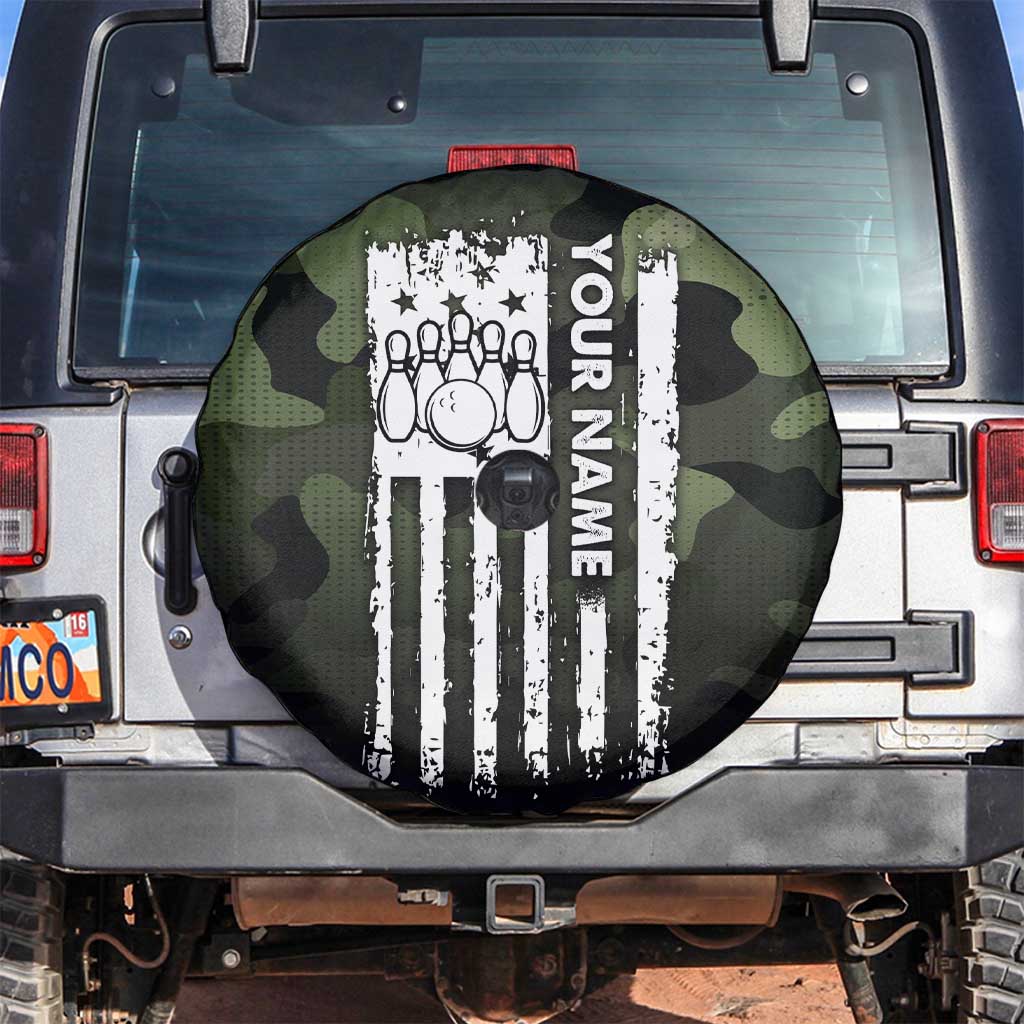 Camouflage Bowling Spare Tire Cover with Grunge American Flag and Pin Emblem in Military Green - Wonder Print Shop