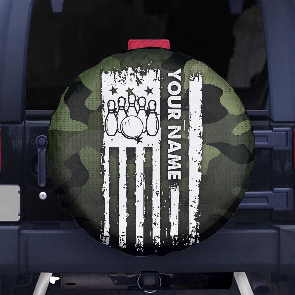 Camouflage Bowling Spare Tire Cover with Grunge American Flag and Pin Emblem in Military Green - Wonder Print Shop