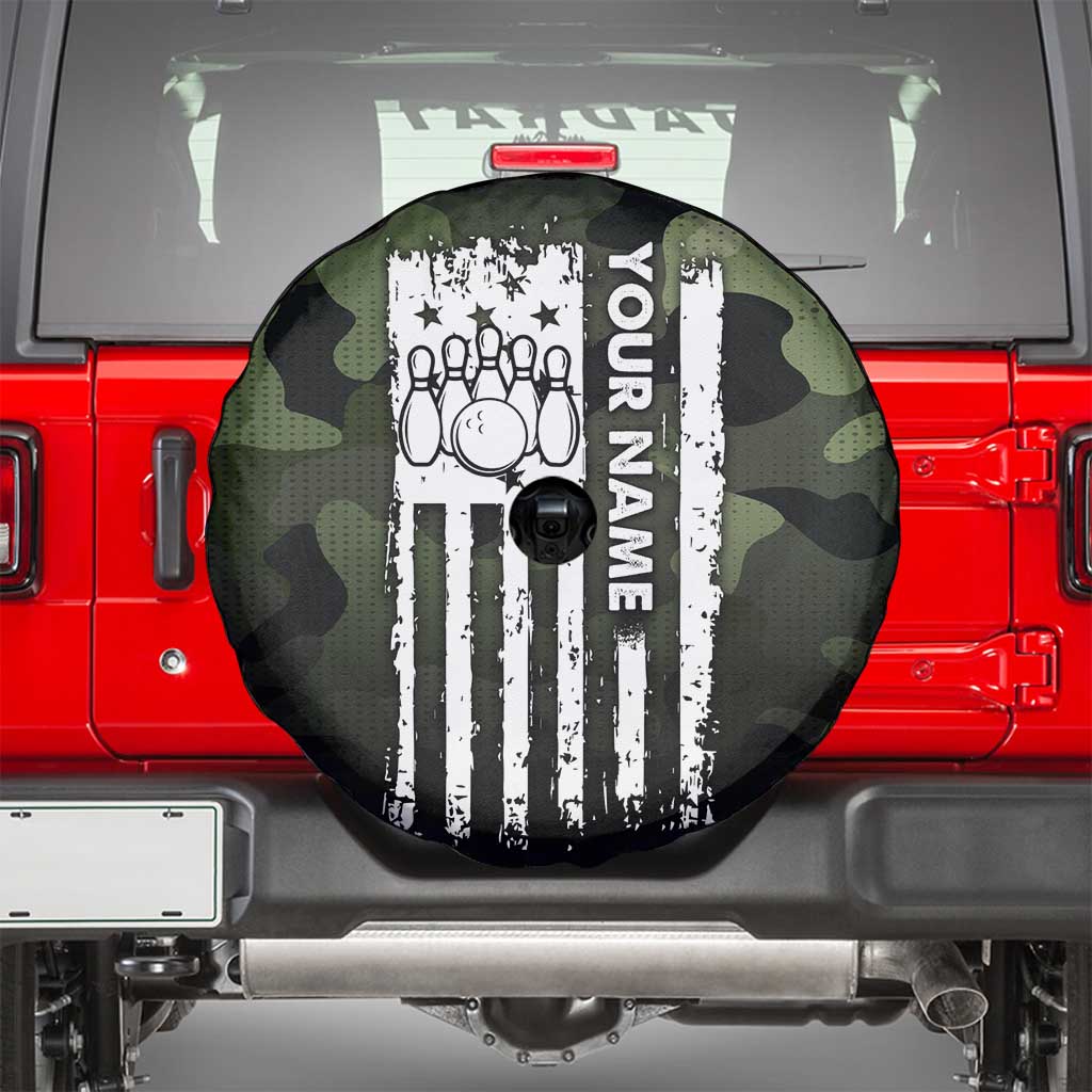 Camouflage Bowling Spare Tire Cover with Grunge American Flag and Pin Emblem in Military Green - Wonder Print Shop