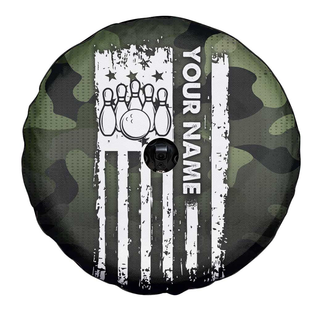Camouflage Bowling Spare Tire Cover with Grunge American Flag and Pin Emblem in Military Green - Wonder Print Shop