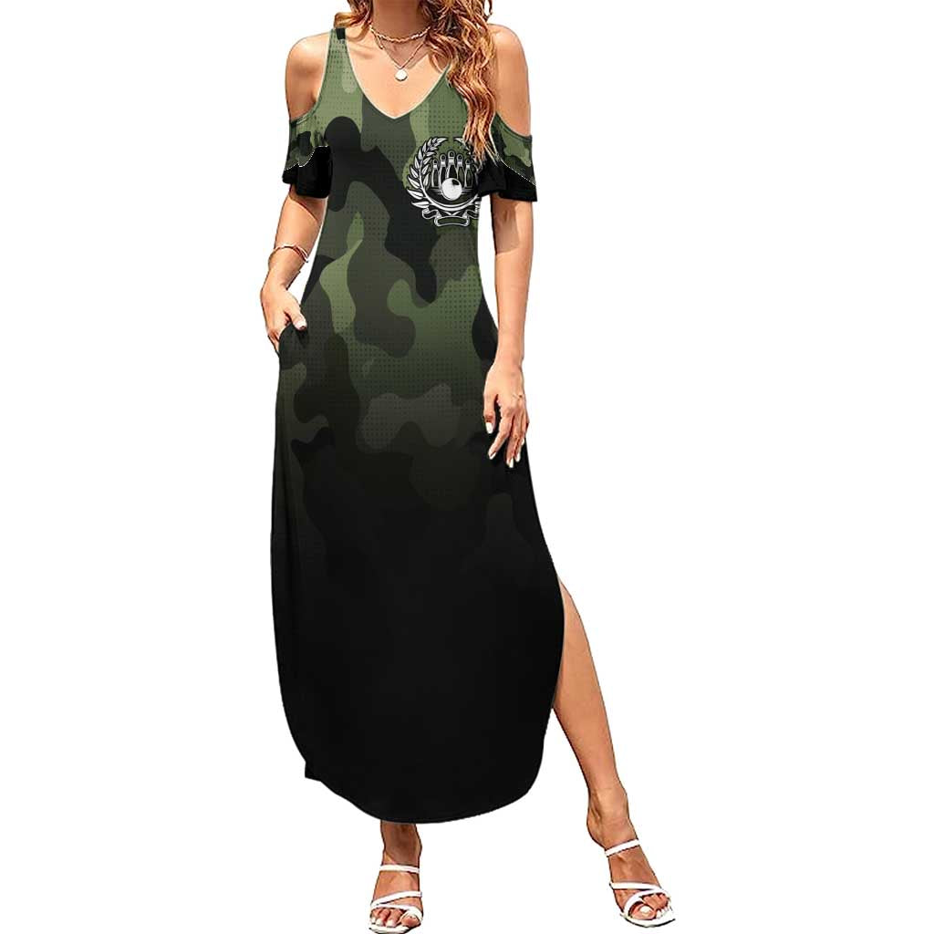 Camouflage Bowling Summer Maxi Dress with Grunge American Flag and Pin Emblem in Military Green - Wonder Print Shop