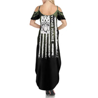 Camouflage Bowling Summer Maxi Dress with Grunge American Flag and Pin Emblem in Military Green - Wonder Print Shop