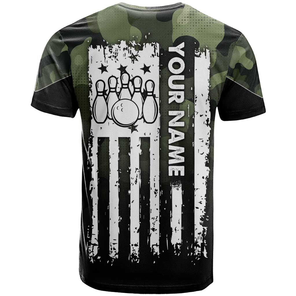 Camouflage Bowling T Shirt with Grunge American Flag and Pin Emblem in Military Green - Wonder Print Shop