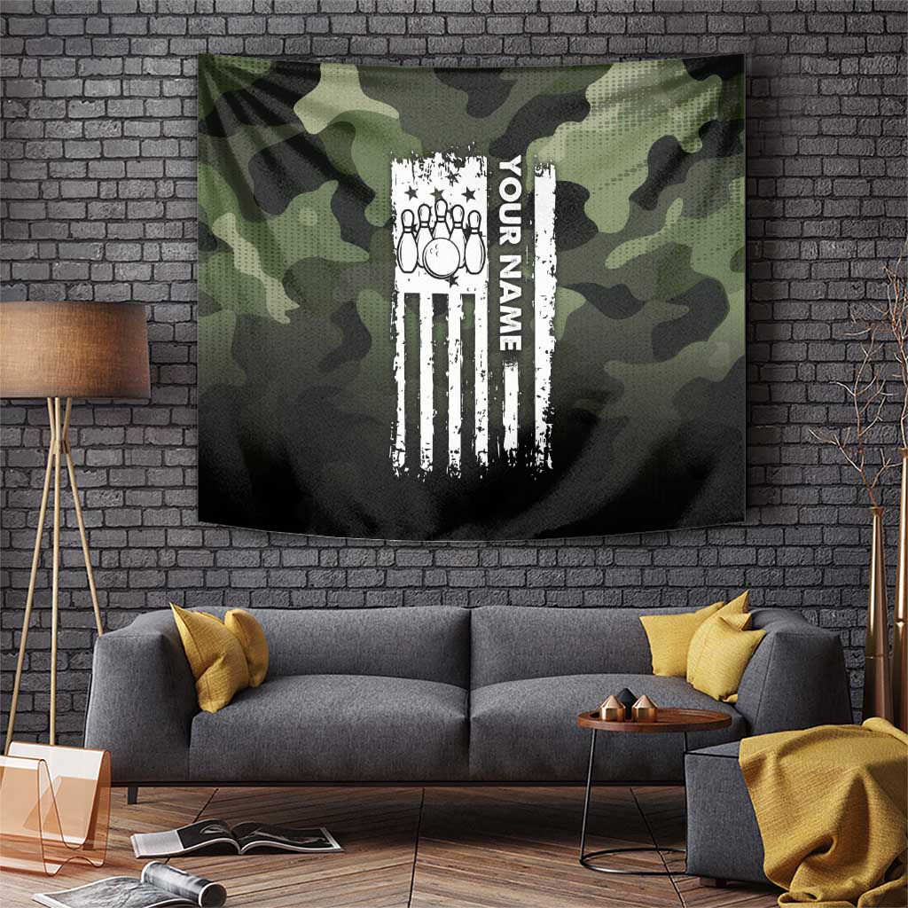Camouflage Bowling Tapestry with Grunge American Flag and Pin Emblem in Military Green - Wonder Print Shop