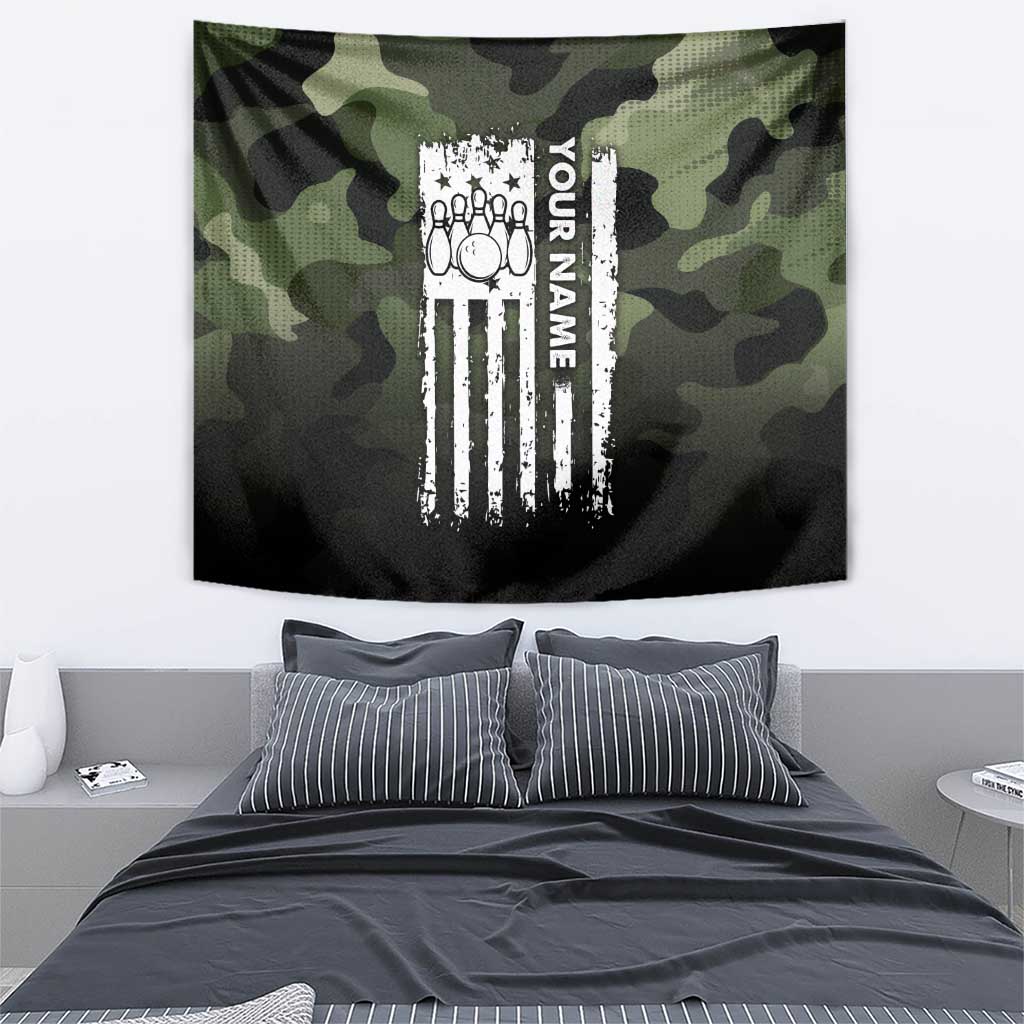 Camouflage Bowling Tapestry with Grunge American Flag and Pin Emblem in Military Green - Wonder Print Shop