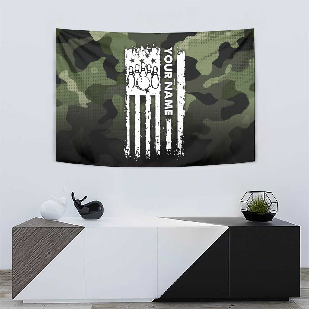 Camouflage Bowling Tapestry with Grunge American Flag and Pin Emblem in Military Green - Wonder Print Shop