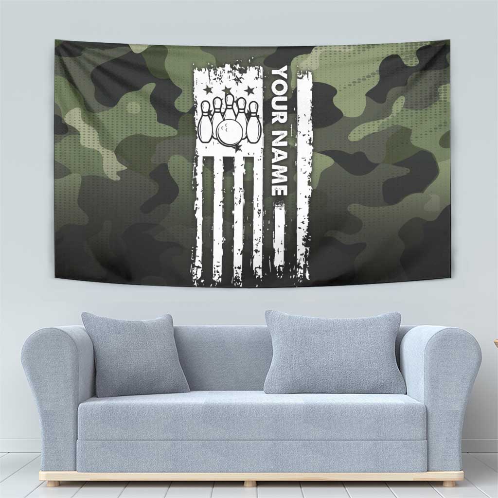 Camouflage Bowling Tapestry with Grunge American Flag and Pin Emblem in Military Green - Wonder Print Shop