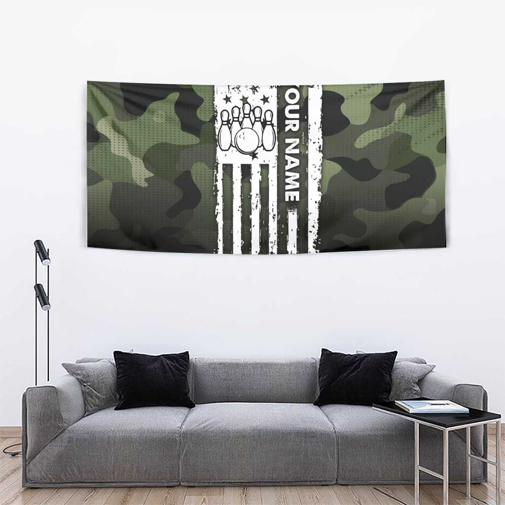 Camouflage Bowling Tapestry with Grunge American Flag and Pin Emblem in Military Green - Wonder Print Shop