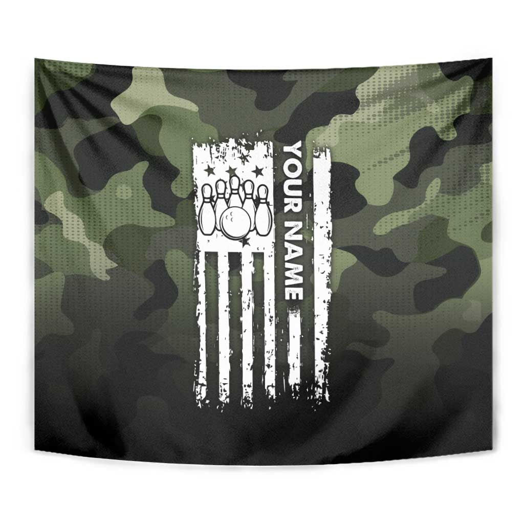 Camouflage Bowling Tapestry with Grunge American Flag and Pin Emblem in Military Green - Wonder Print Shop