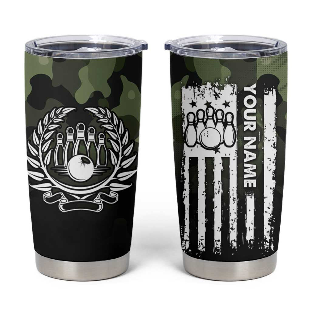 Camouflage Bowling Tumbler Cup with Grunge American Flag and Pin Emblem in Military Green - Wonder Print Shop