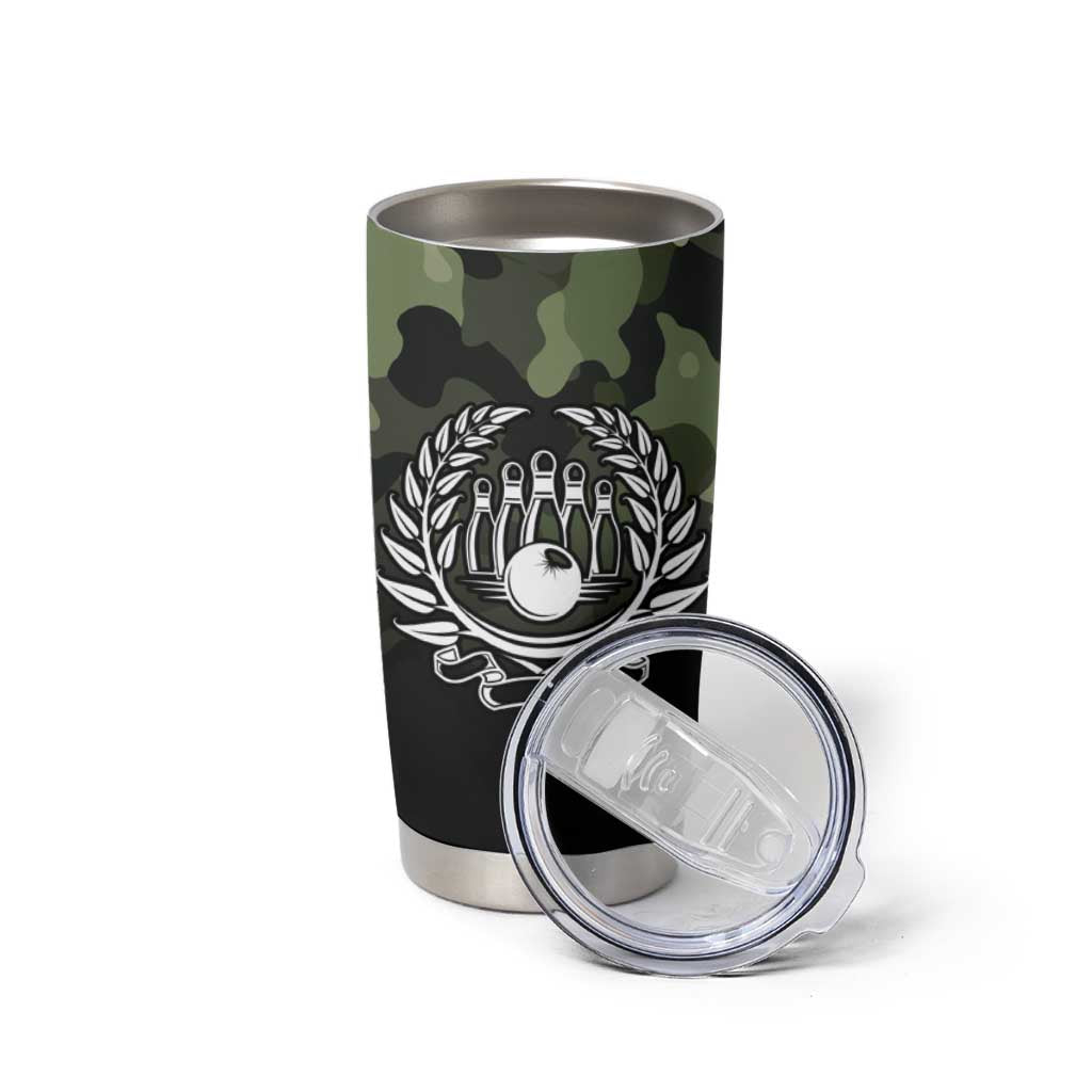Camouflage Bowling Tumbler Cup with Grunge American Flag and Pin Emblem in Military Green - Wonder Print Shop