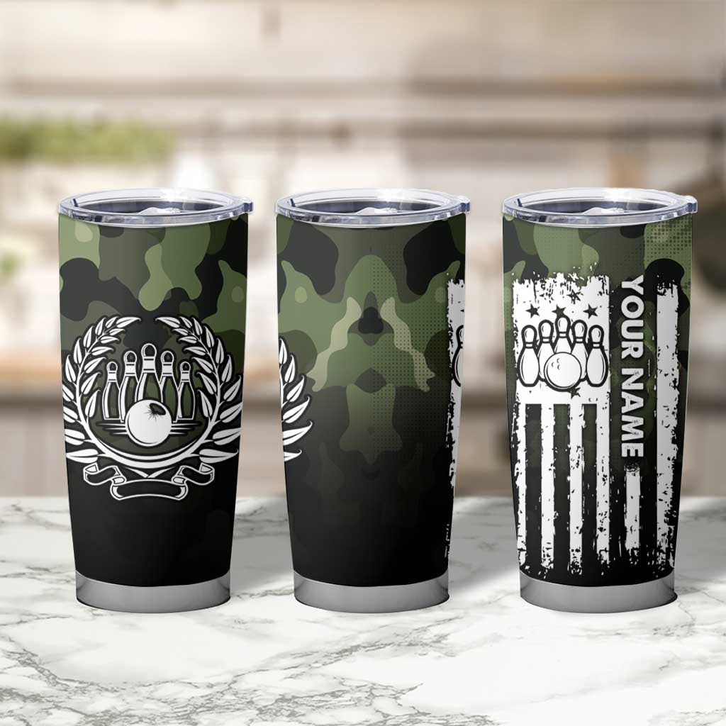 Camouflage Bowling Tumbler Cup with Grunge American Flag and Pin Emblem in Military Green - Wonder Print Shop