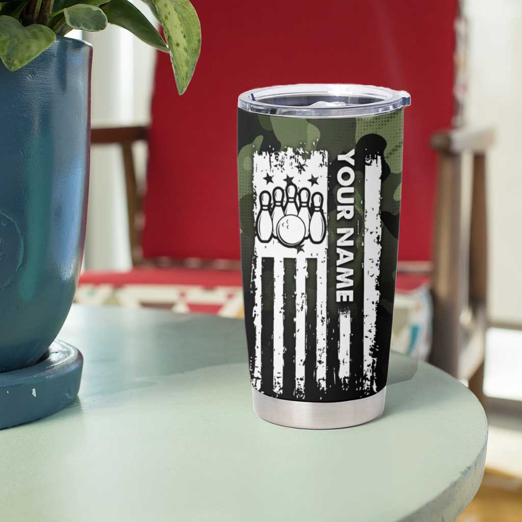 Camouflage Bowling Tumbler Cup with Grunge American Flag and Pin Emblem in Military Green - Wonder Print Shop