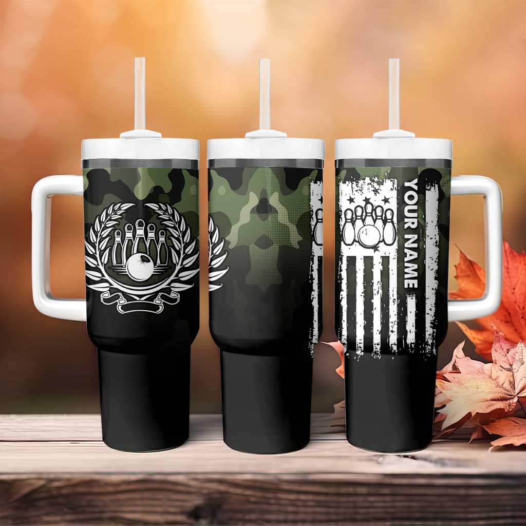 Camouflage Bowling Tumbler With Handle with Grunge American Flag and Pin Emblem in Military Green - Wonder Print Shop