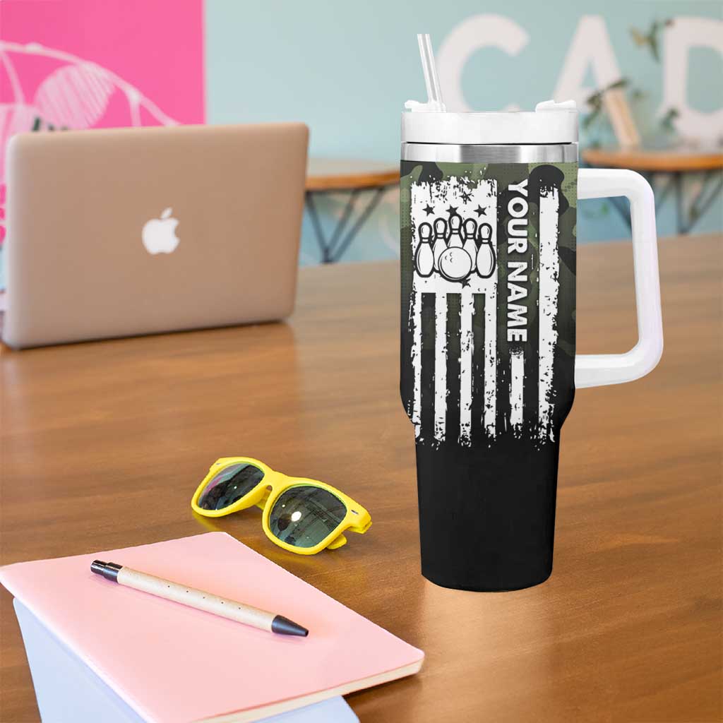 Camouflage Bowling Tumbler With Handle with Grunge American Flag and Pin Emblem in Military Green - Wonder Print Shop