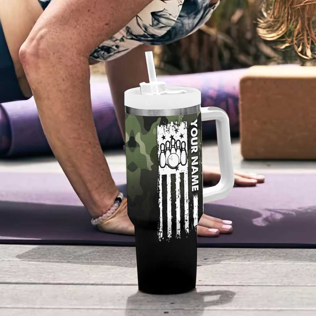 Camouflage Bowling Tumbler With Handle with Grunge American Flag and Pin Emblem in Military Green - Wonder Print Shop