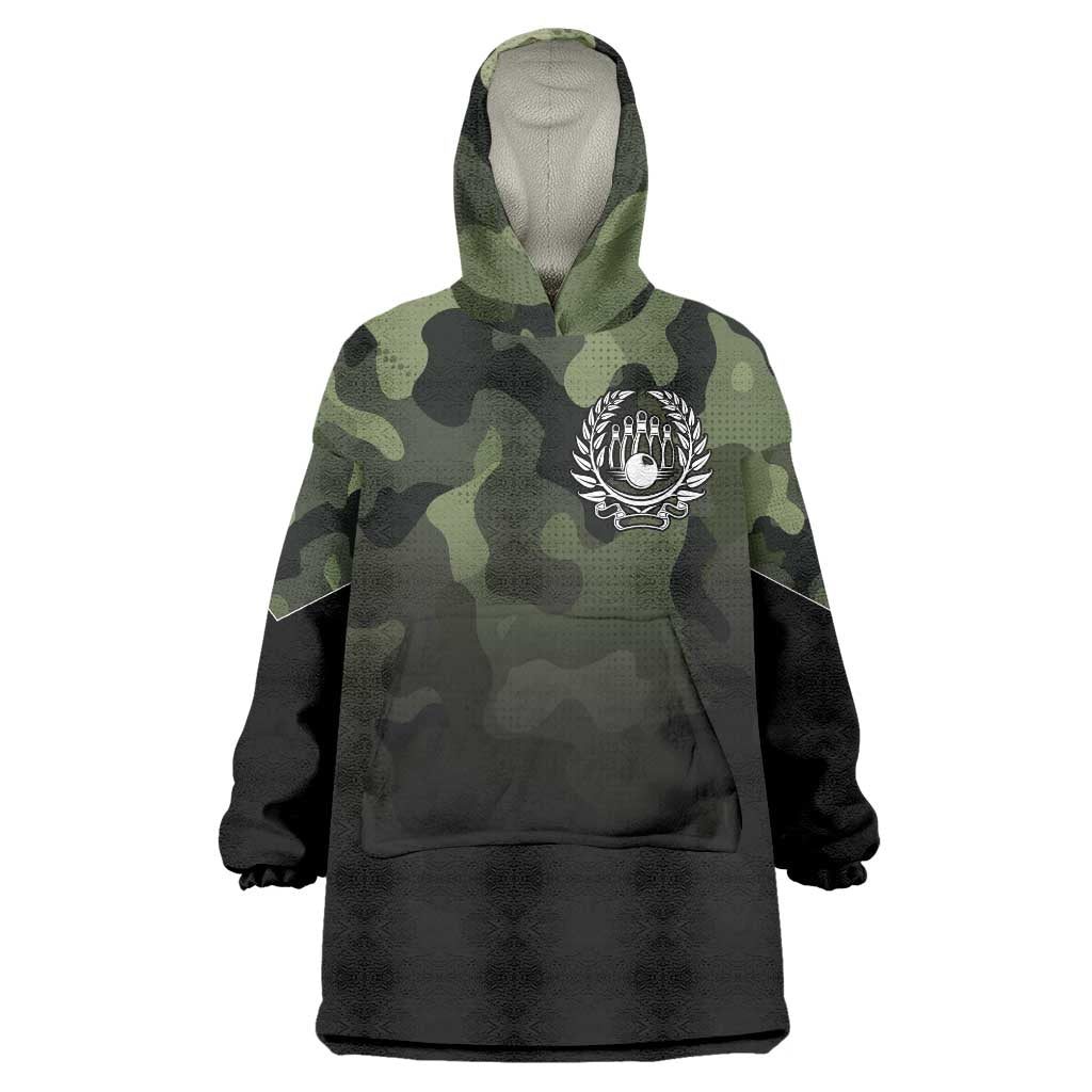 Camouflage Bowling Wearable Blanket Hoodie with Grunge American Flag and Pin Emblem in Military Green - Wonder Print Shop