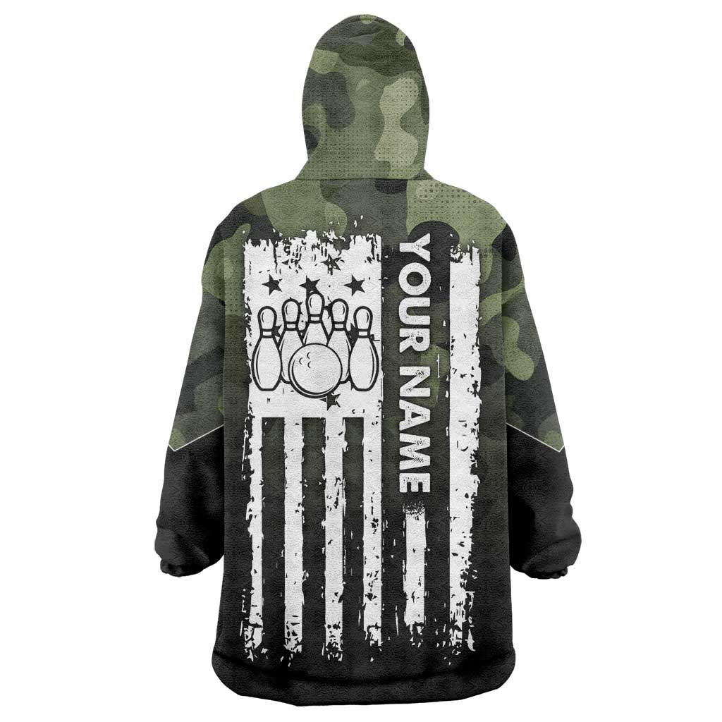 Camouflage Bowling Wearable Blanket Hoodie with Grunge American Flag and Pin Emblem in Military Green - Wonder Print Shop