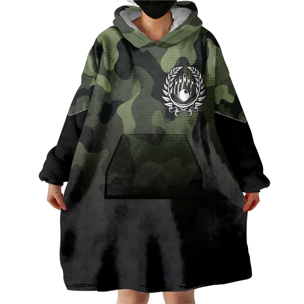 Camouflage Bowling Wearable Blanket Hoodie with Grunge American Flag and Pin Emblem in Military Green - Wonder Print Shop