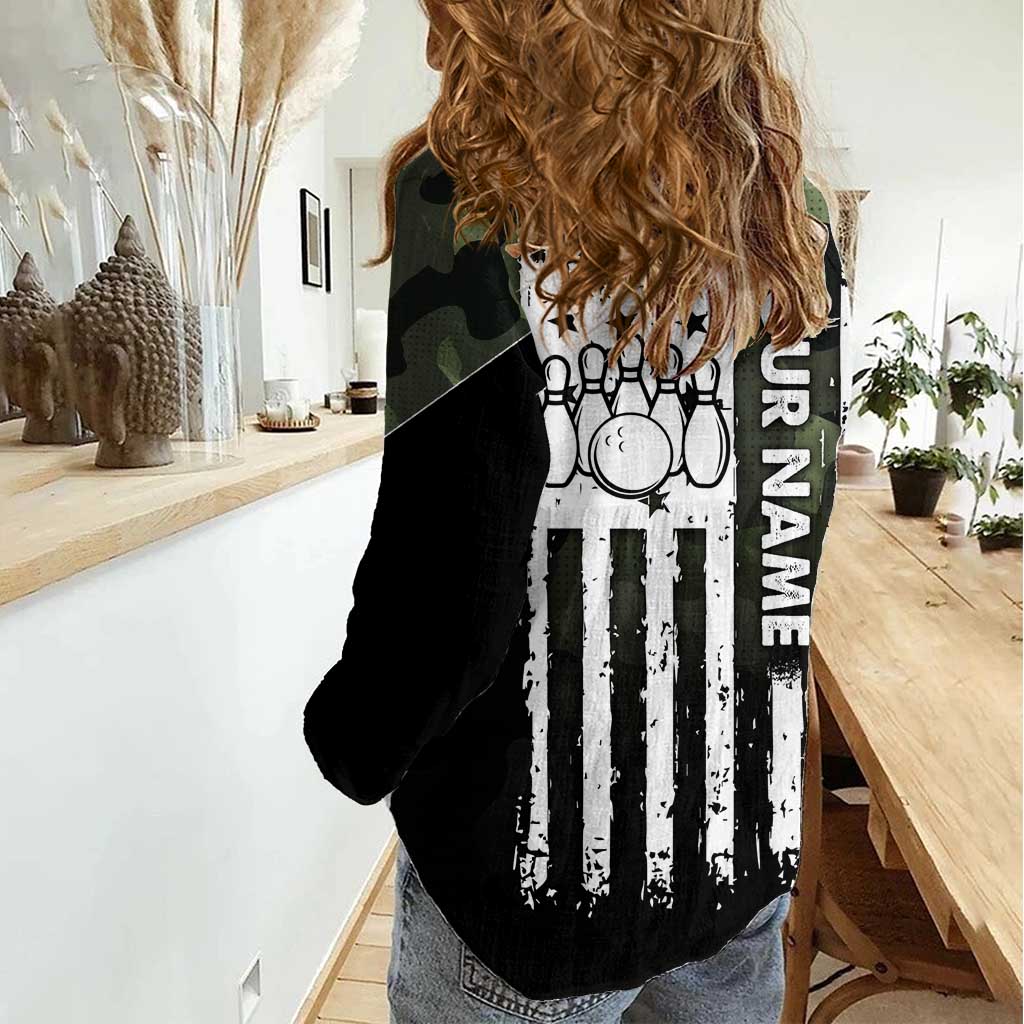 Camouflage Bowling Women Casual Shirt with Grunge American Flag and Pin Emblem in Military Green - Wonder Print Shop